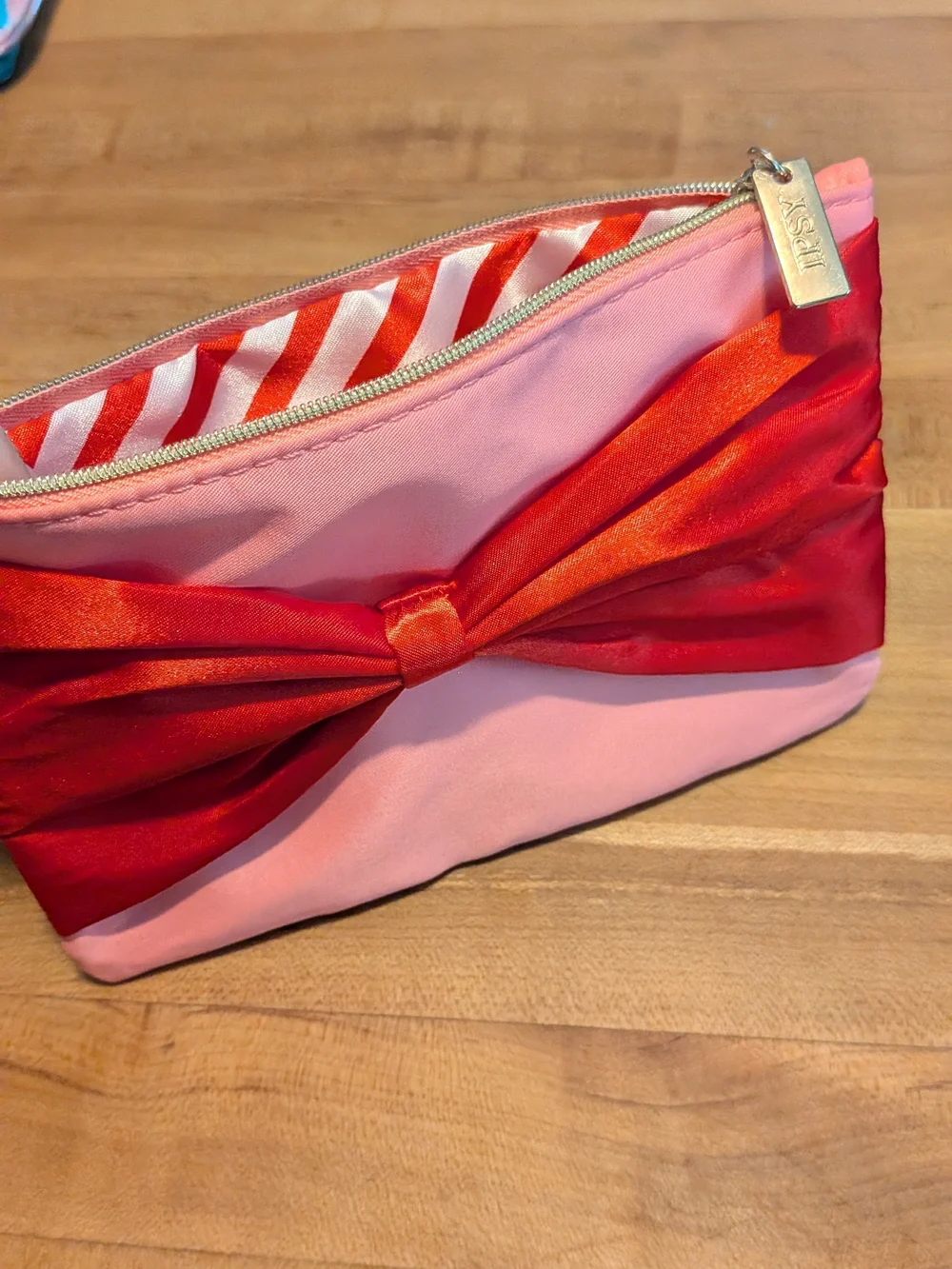 Ipsy Pink and Red Bow Satin Clutch Pouch -